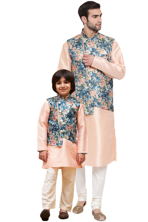 VASTRAMAY Baap Beta Silk Blend Peach Jacket With Peach Kurta Pyjama Set